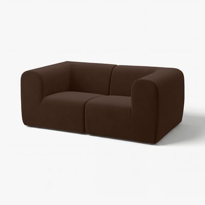 Modern brown upholstered loveseat, plush, rectangular shape, deep seat, recycled polyester fabric.