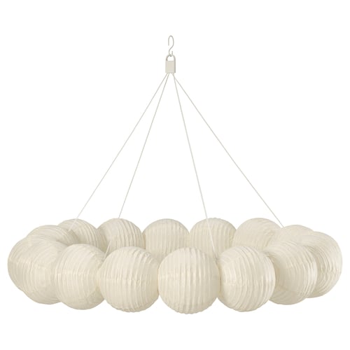 STRÅLA white pendant lamp, round shape, with multiple layers of paper shades. Hangs from a central hook, diffuses soft, dimmable light.