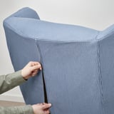 STRANDMON Slipcover for wing chair, Sjölyckan dark blue/beige stripe pattern