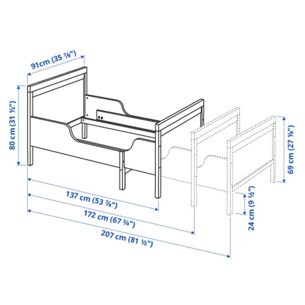 SUNDVIK Extendable bed, grey, 80x200 cm