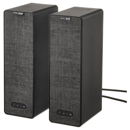 Pair of black SYMFONISK wifi speakers by ikea and sonos, rectangular, fabric front, control panel at base.