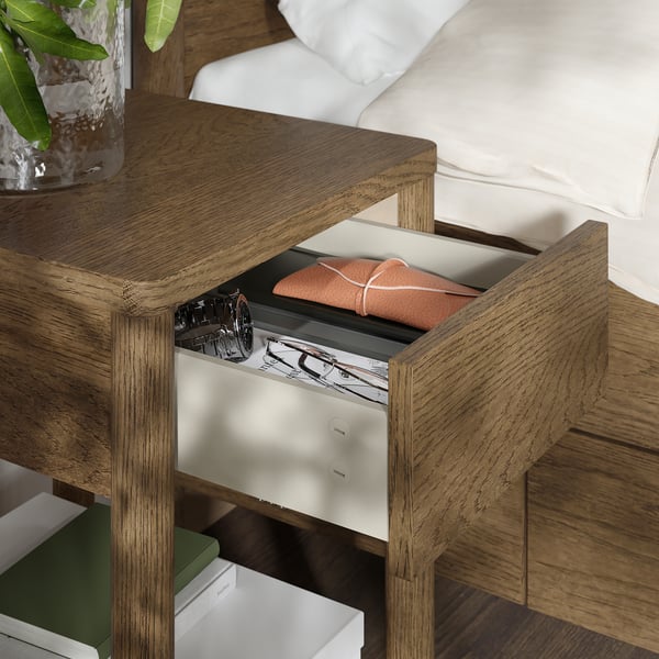 TONSTAD Bedroom furniture, set of 3, incl bed storage/brown stained oak veneer, 160x200 cm