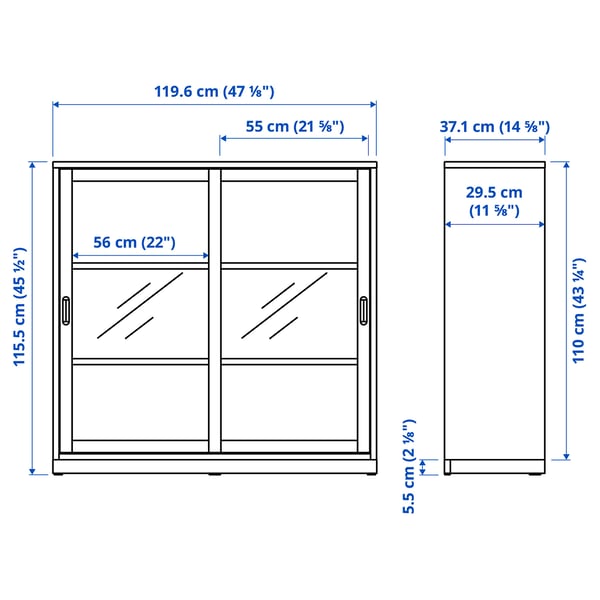 TONSTAD Cabinet with sliding glass doors, off-white, 120x37x116 cm
