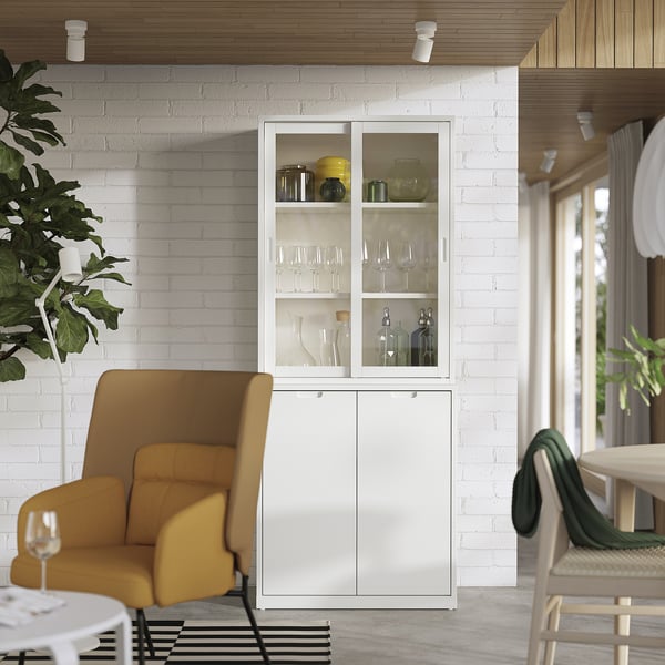TONSTAD Storage comb w sliding glass doors, off-white/clear glass, 81x47x201 cm