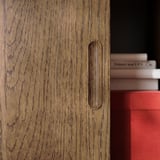 TONSTAD Storage combination w sliding doors, brown stained oak veneer/clear glass, 284x37x120 cm