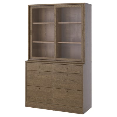 TONSTAD Storage combination with drawers, brown stained oak veneer/glass, 121x47x210 cm