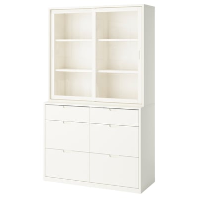 TONSTAD Storage combination with drawers, off-white/glass, 121x47x206 cm