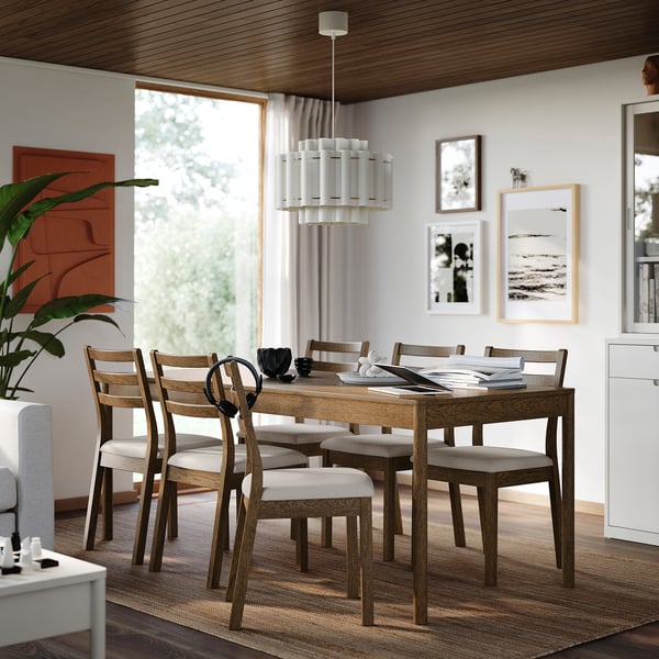 TONSTAD / TONSTAD Table and 6 chairs, brown oak veneer/brown oak effect Fridtuna light beige, 200x85 cm