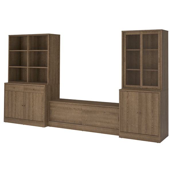 TONSTAD TV storage combination, brown stained oak veneer/clear glass, 381x47x201 cm