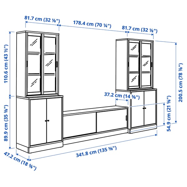 TONSTAD TV storage combination, brown stained oak veneer/clear glass, 342x47x201 cm