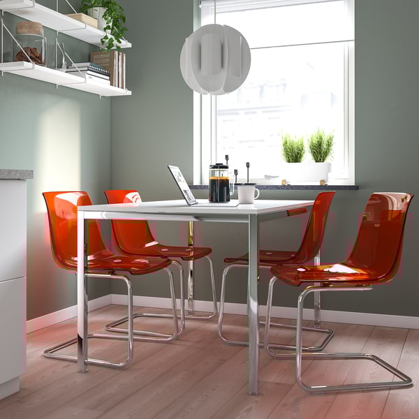 TORSBY / TOBIAS Table and 4 chairs, high-gloss/white chrome-plated/chrome-plated brown/red