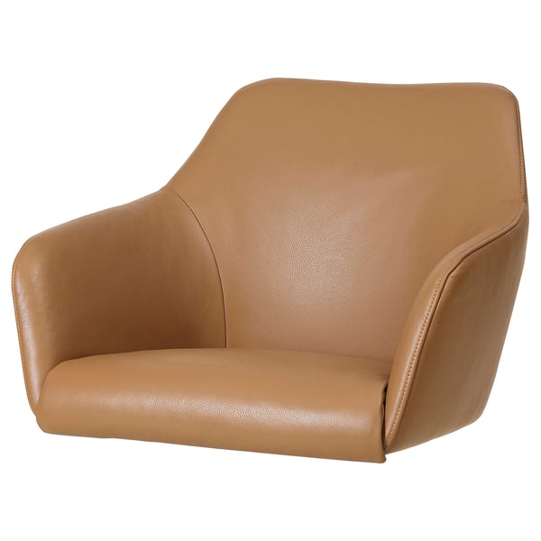 TOSSBERG: brown leather chair, modern design, sleek shape, comfortable seat.