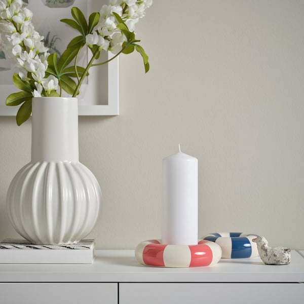 TRÄDSTAM Pillar candle holder, dark pink/white, 4 cm