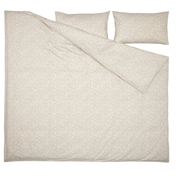TRINDSTARR Duvet cover and 2 pillowcases, beige/white, 240x220/50x80 cm