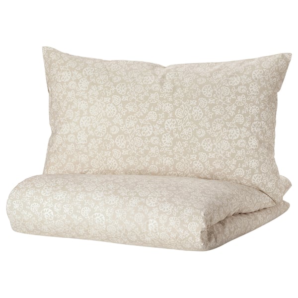 TRINDSTARR Duvet cover and pillowcase, beige/white, 150x200/50x80 cm