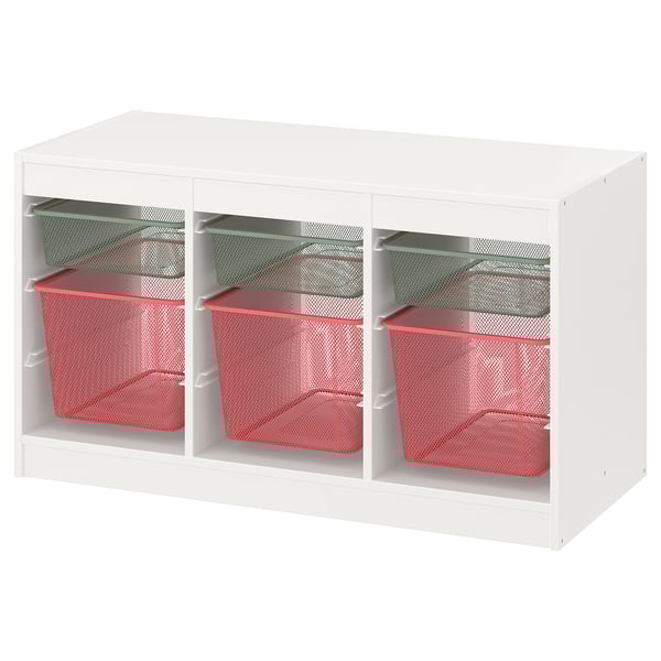 TROFAST Storage combination with boxes, white light green-grey/light red, 99x44x56 cm