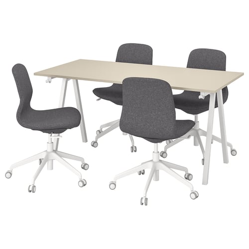 A TROTTEN set with a light beige table and four dark grey office chairs with white swivel bases and casters. The chairs have fabric seats and backs.