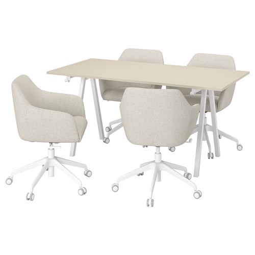 A trotton office desk and four chairs. The furniture is beige and white with metal legs and casters. The chairs are upholstered in a light fabric.