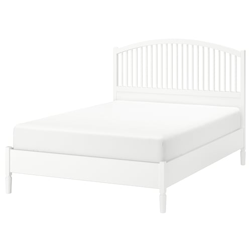 White TYSSEDAL bed, sleek design, solid wood legs, arched headboard.