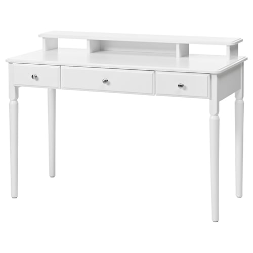 White TYSSEDAL desk, simple design, three drawers with silver knobs, sleek legs, light, neat, handcrafted feel.