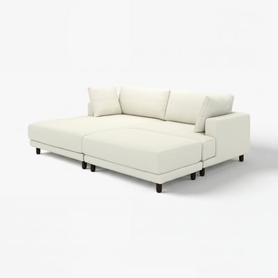 Modern cream-colored sectional sofa with clean design, deep cushions, and dark wood legs.