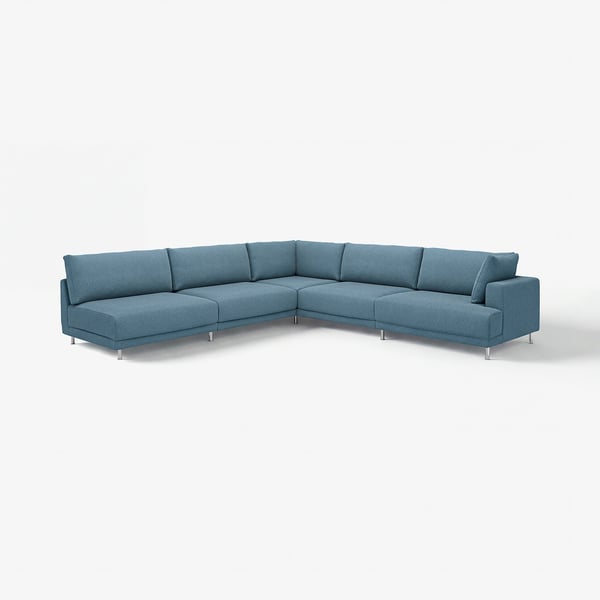 An UPPÅKRA blue sectional sofa. It has a sleek, modern design with supportive cushions and metal legs.