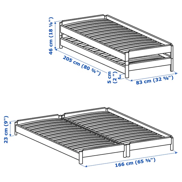 UTÅKER Stackable bed with 2 mattresses, pine/Vannareid extra firm, 80x200 cm