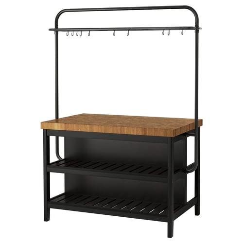 VADHOLMA kitchen island: rectangular, black metal frame, wooden top, hooks, two shelves.