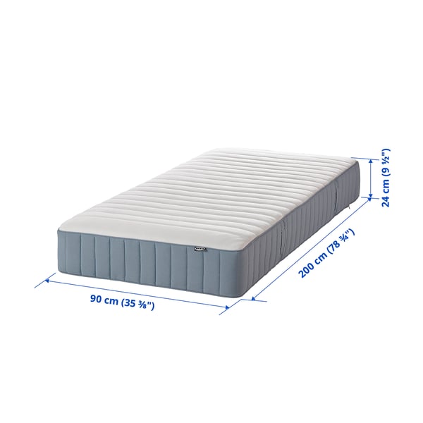 VALEVÅG Pocket sprung mattress, extra firm/light blue, 90x200 cm
