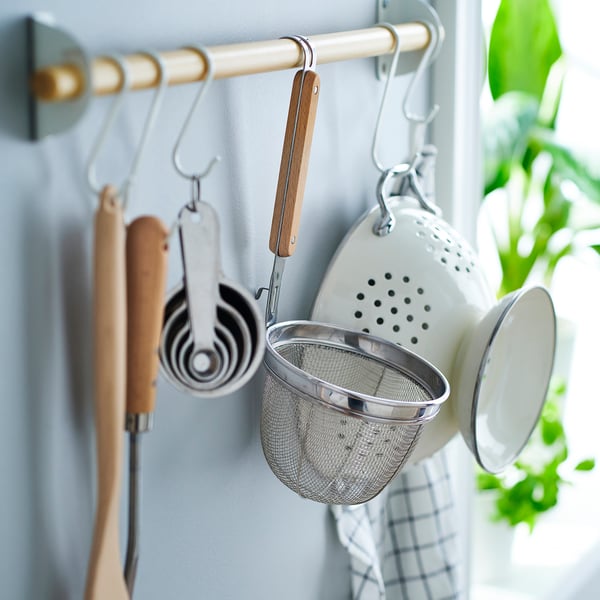 VARDAGEN Noodle strainer, stainless steel/beech, 30 cm