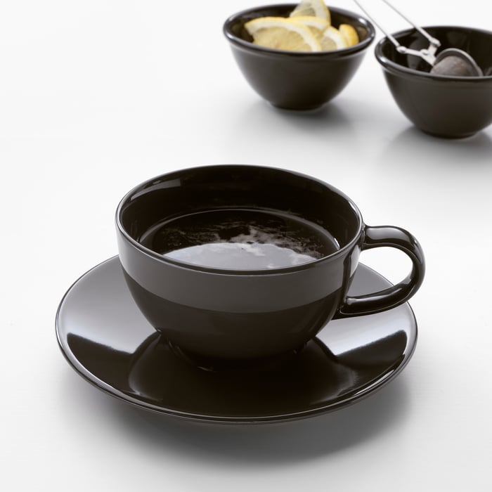 VARDAGEN teacup with saucer, dark grey, 26 cl IKEA