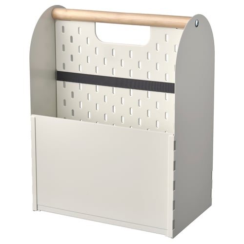 Portable organiser with wooden handle, metallic pegboard, and elastic laptop strap for easy workspace transitions.
