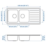 VATTUDALEN Inset sink, 2 bowls with drainboard, stainless steel, 110x53 cm