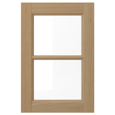 Wooden kitchen cabinet door with glass panel, solid oak frame, lacquered finish