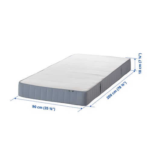 A VESTMARKA mattress, rectangular, white, with grey edges, 18 cm high, displayed with dimensions.