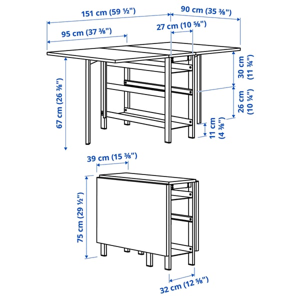 VIHALS / VIHALS Table and 2 folding chairs, gateleg table white/white, 39/95/151x90 cm