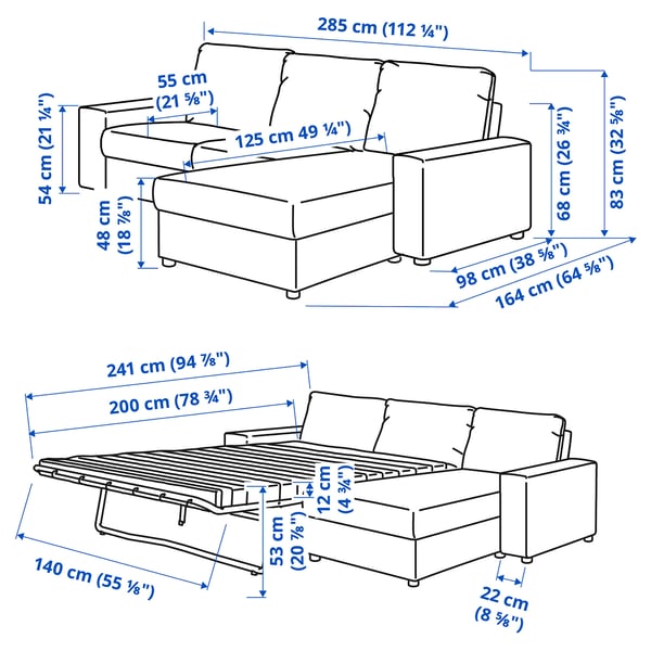 VIMLE 3-seat sofa-bed with chaise longue, with wide armrests/Gunnared beige