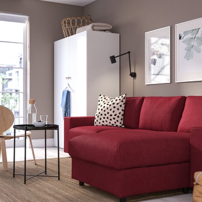 VIMLE 3-seat sofa-bed with chaise longue, with wide armrests/Lejde red/brown