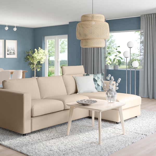 VIMLE 3-seat sofa with chaise longue, with headrest/Hallarp beige