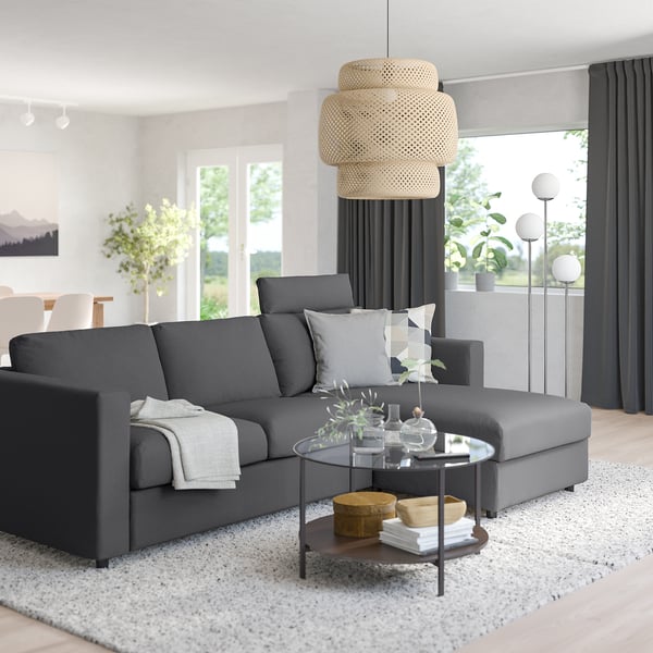 VIMLE 3-seat sofa with chaise longue, with headrest/Hallarp grey