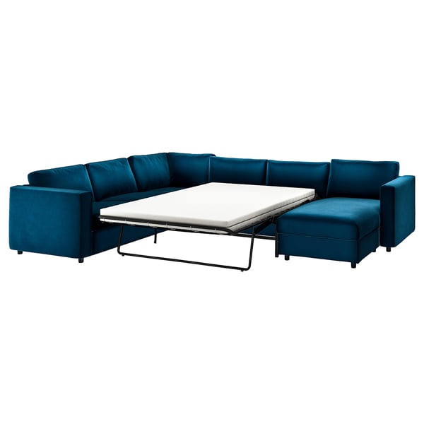 VIMLE Cover for corner sofa-bed, 5-seat, with chaise longue/Djuparp dark green-blue