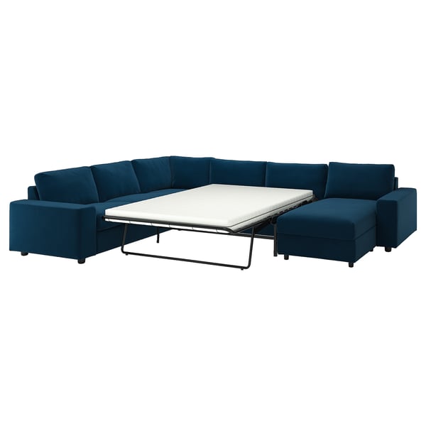 VIMLE Crnr sofa-bed, 5-seat w chaise lng, with wide armrests/Djuparp dark green-blue
