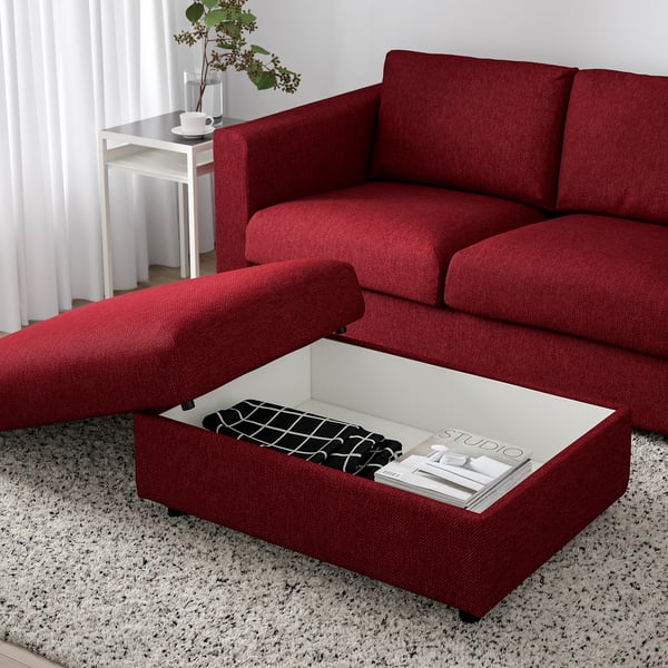 VIMLE Footstool with storage, Lejde red/brown