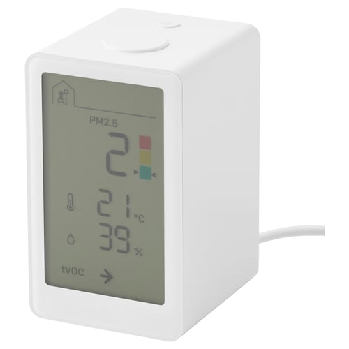White VINDSTYRKA air monitor displays pm2. 5, temp, humidity, voc.