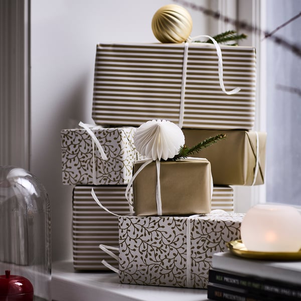 VINTERFINT Gift wrap roll, mixed patterns gold-colour, 3x0.7 m/2.10 m²