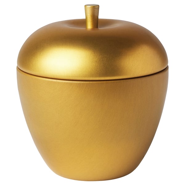 VINTERFINT Scented candle in metal tin, apple-shaped/Apple and cinnamon gold-colour, 24 hr