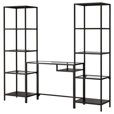 VITTSJÖ Shelving unit with laptop table, black-brown/glass, 202x36x175 cm
