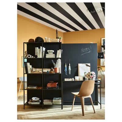 VITTSJÖ Shelving unit with laptop table, black-brown/glass, 200x36x175 cm