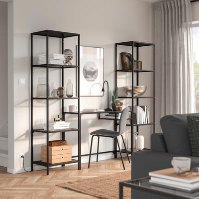 VITTSJÖ Shelving unit with laptop table, black-brown/glass, 202x36x175 cm