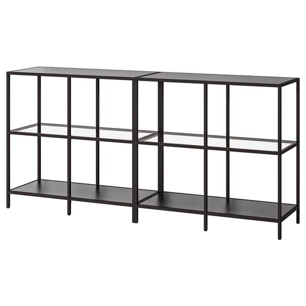 VITTSJÖ Storage combination, black-brown/glass, 200x36x93 cm